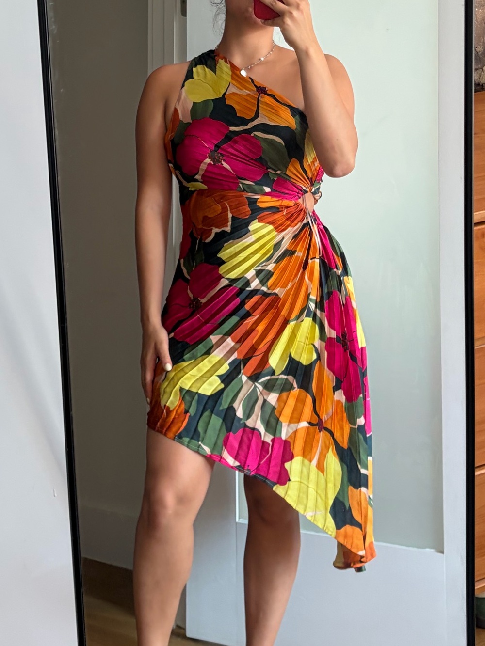 Dress Forum Multicolor Floral One-Shoulder Dress - Pink, Orange, Yellow, Green